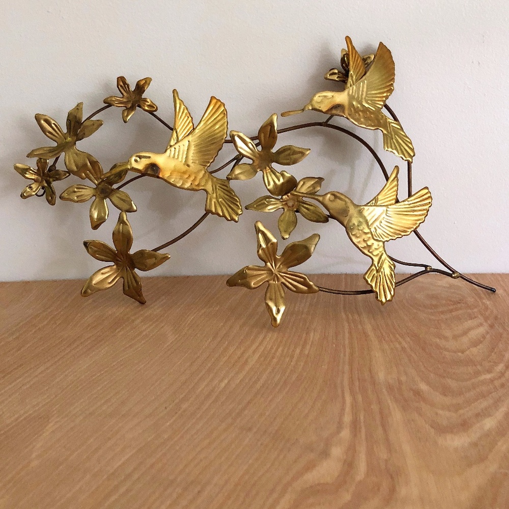 Vintage Brass/Metal Hummingbird and Flower wall ha